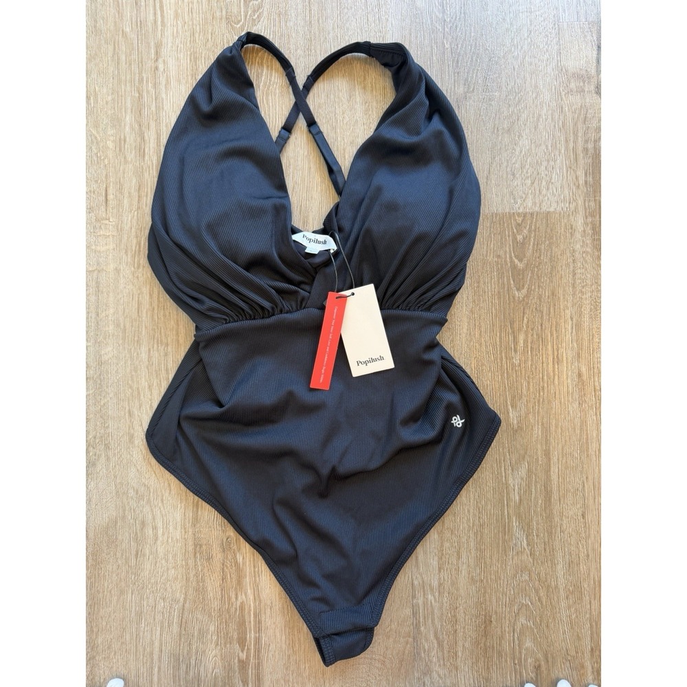 Popilush Ribbed One Piece Swimsuit V Neck  Black Padded Cheeky Large NWT
